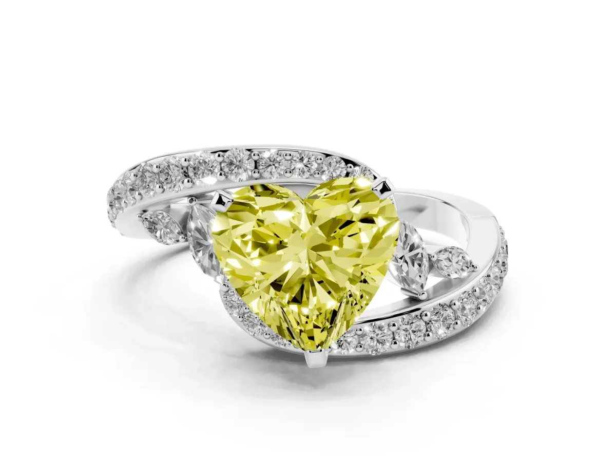 Fancy Yellow Heart Cut Solitaire with Pavé Twist Band and Four-Prong Setting Platinum