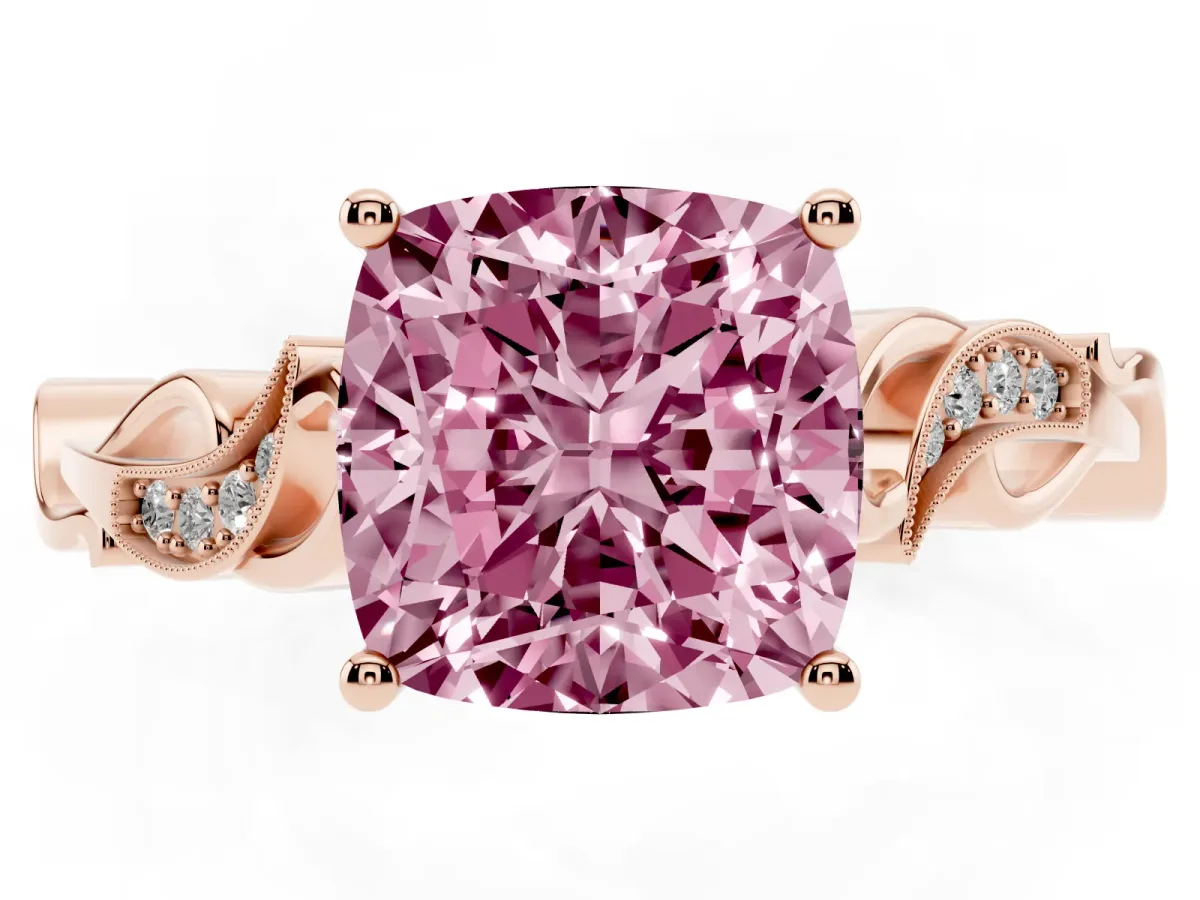 Fancy Pink Cushion Cut Solitaire Vine Band with Milgrain Prong Setting Rose gold