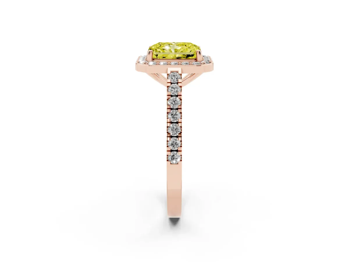 Fancy Yellow Radiant Cut Diamond Halo Ring with Round Pavé Split Shank and Prong Setting Rose gold