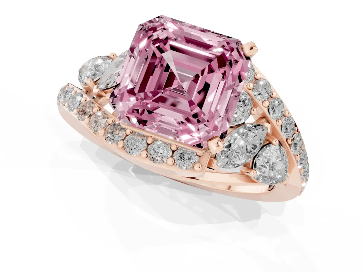 Fancy Pink Asscher Cut Diamond Halo Ring with Marquise and Pavé Band in Prong Setting Rose gold