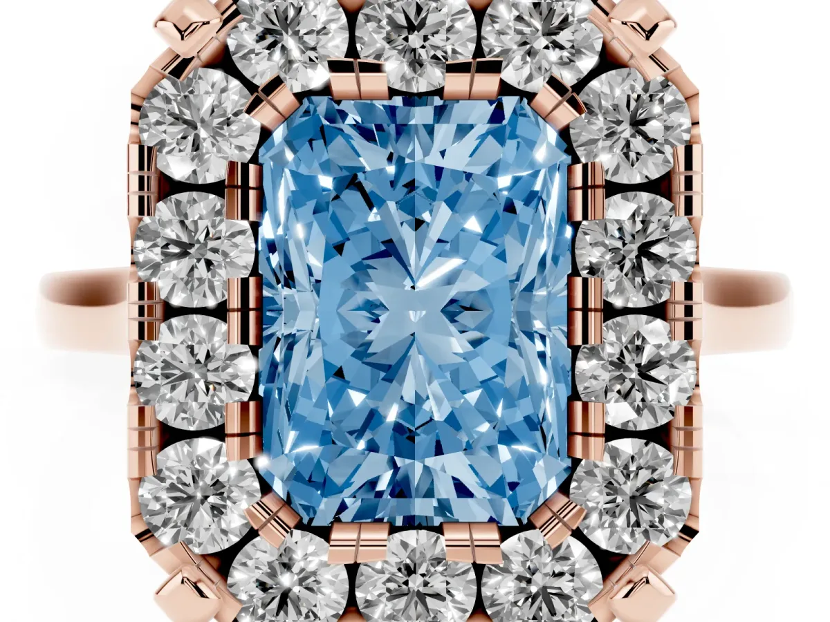 Fancy Blue Radiant Cut Diamond Cluster Halo Solitaire with Four-Prong Setting Rose gold