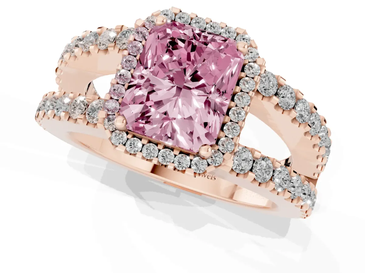 Fancy Pink Radiant Cut Cut Halo Split Shank Diamond Ring with Four-Prong Setting Rose gold