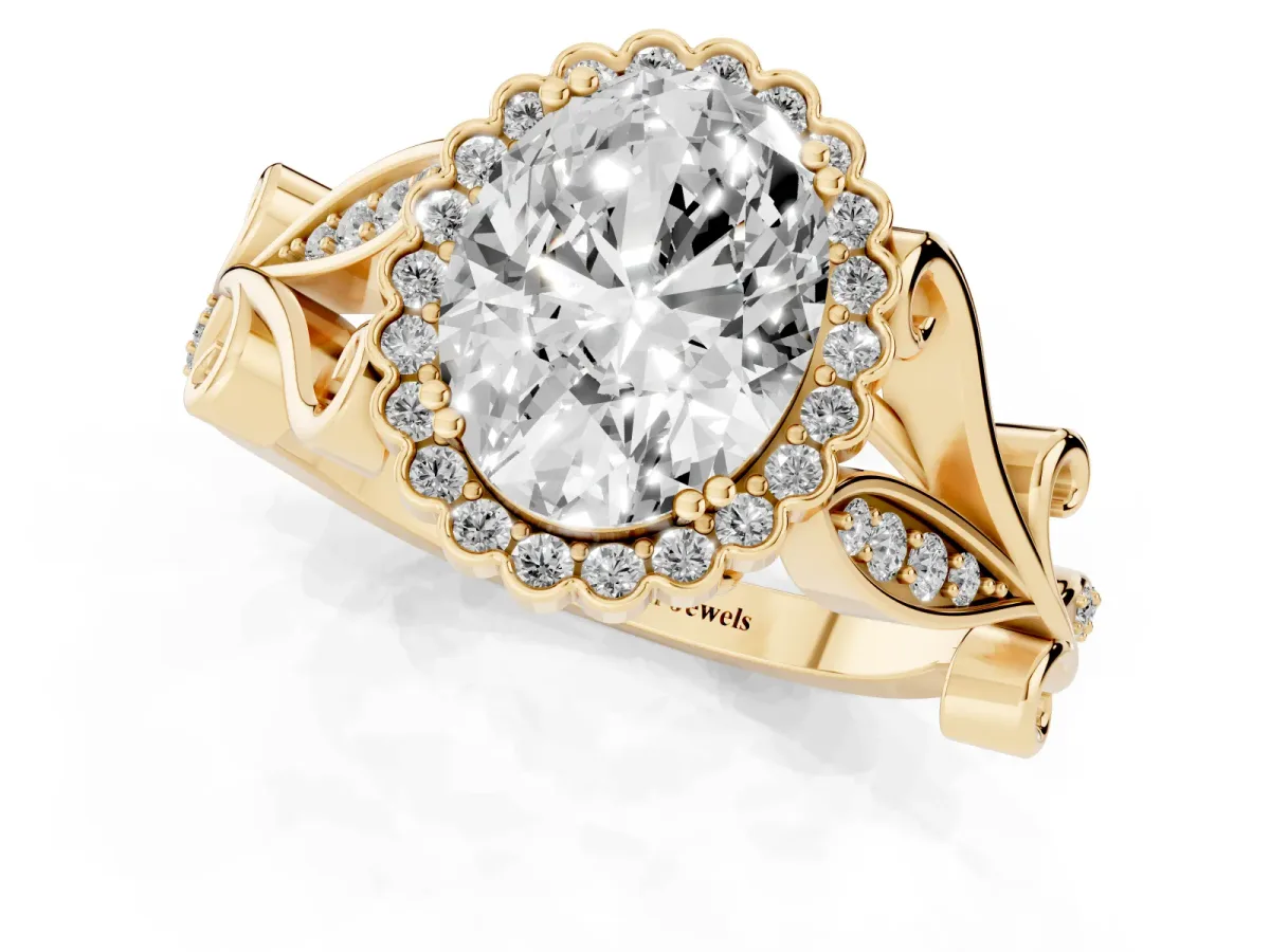 Oval Cut Diamond Halo Ring with Vintage Split Shank and Four-Prong Setting Yellow gold