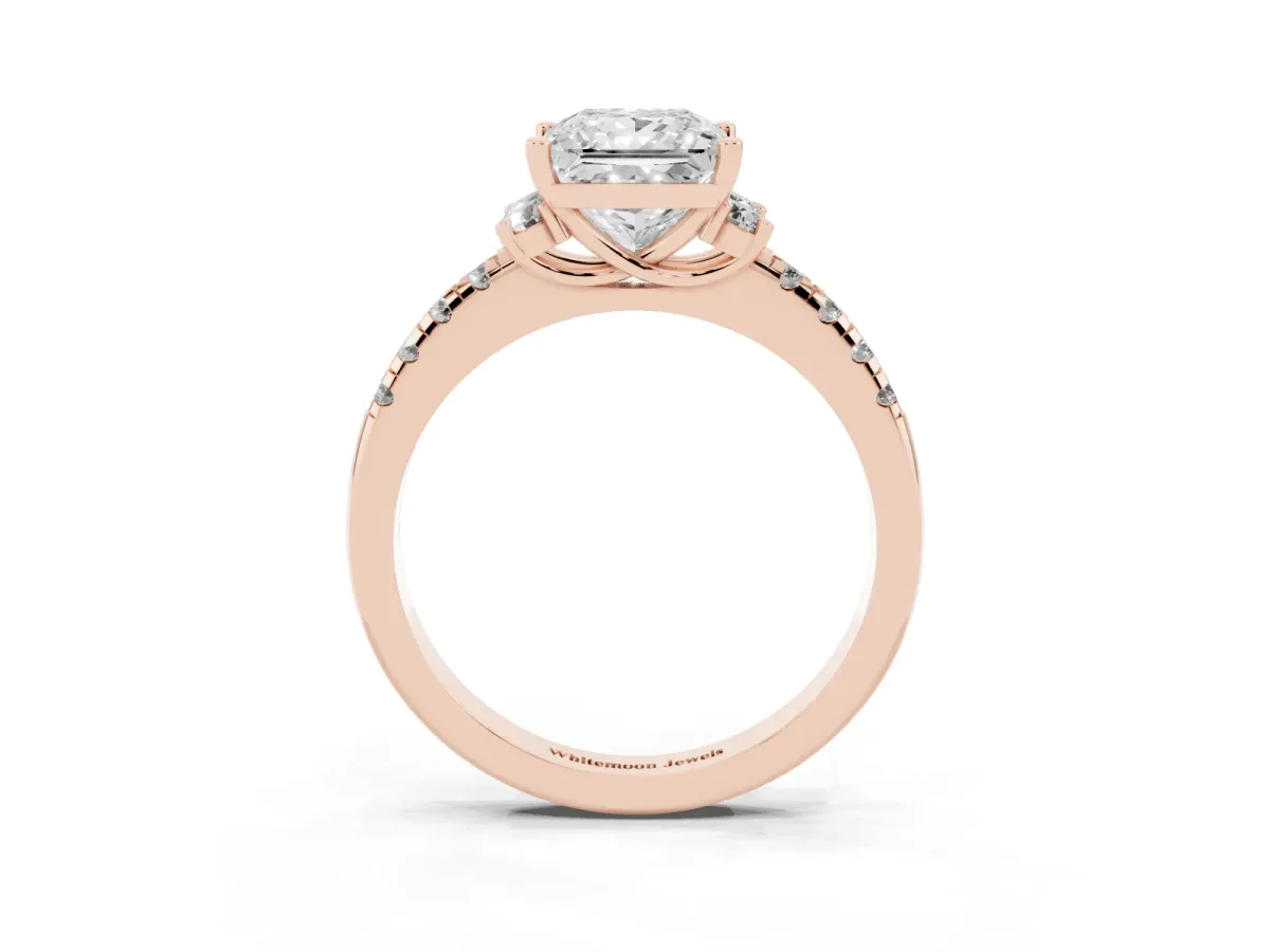 Princess Cut Diamond Three-Stone Pave Band with Four-Prong Setting Rose gold