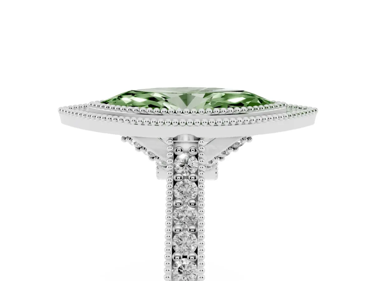 Fancy Green Halo Marquise Cut-Cut Diamond Pave Band Milgrain Prong Setting Ring White gold