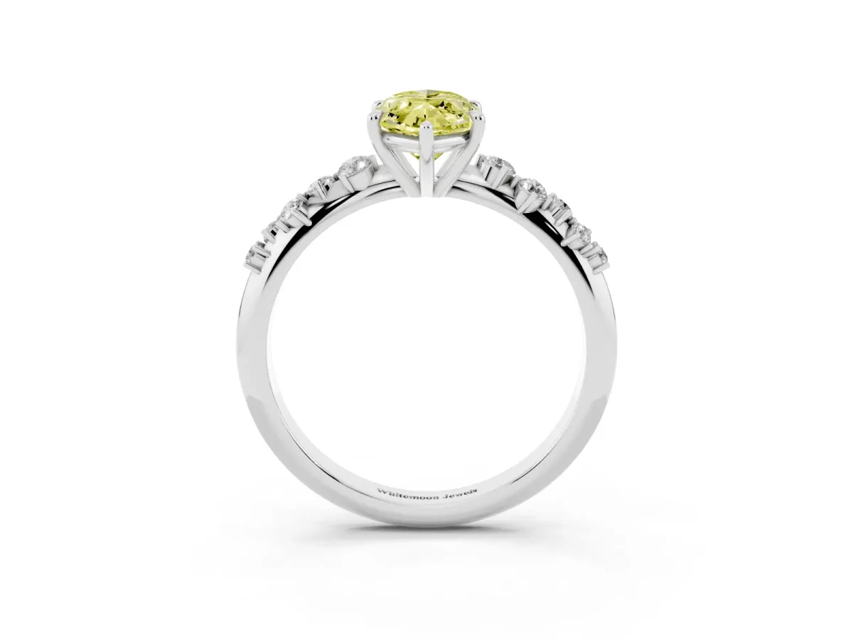 Fancy Yellow Marquise Cut Diamond Cluster Side Stone Solitaire Ring with Prong Setting Platinum