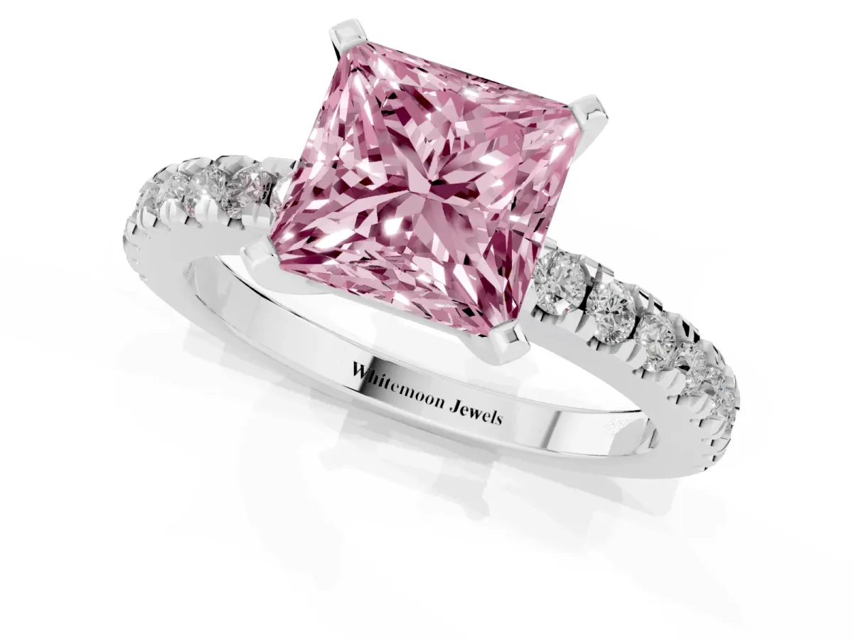 Fancy Pink Princess Cut Solitaire Diamond with Pavé Band and Four-Prong Setting Silver