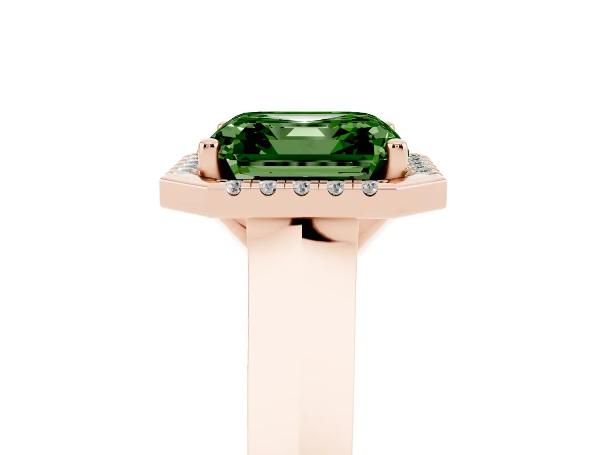 Fancy Green Asscher Cut Halo Diamond Ring with Cathedral Band and Four-Prong Setting Rose gold