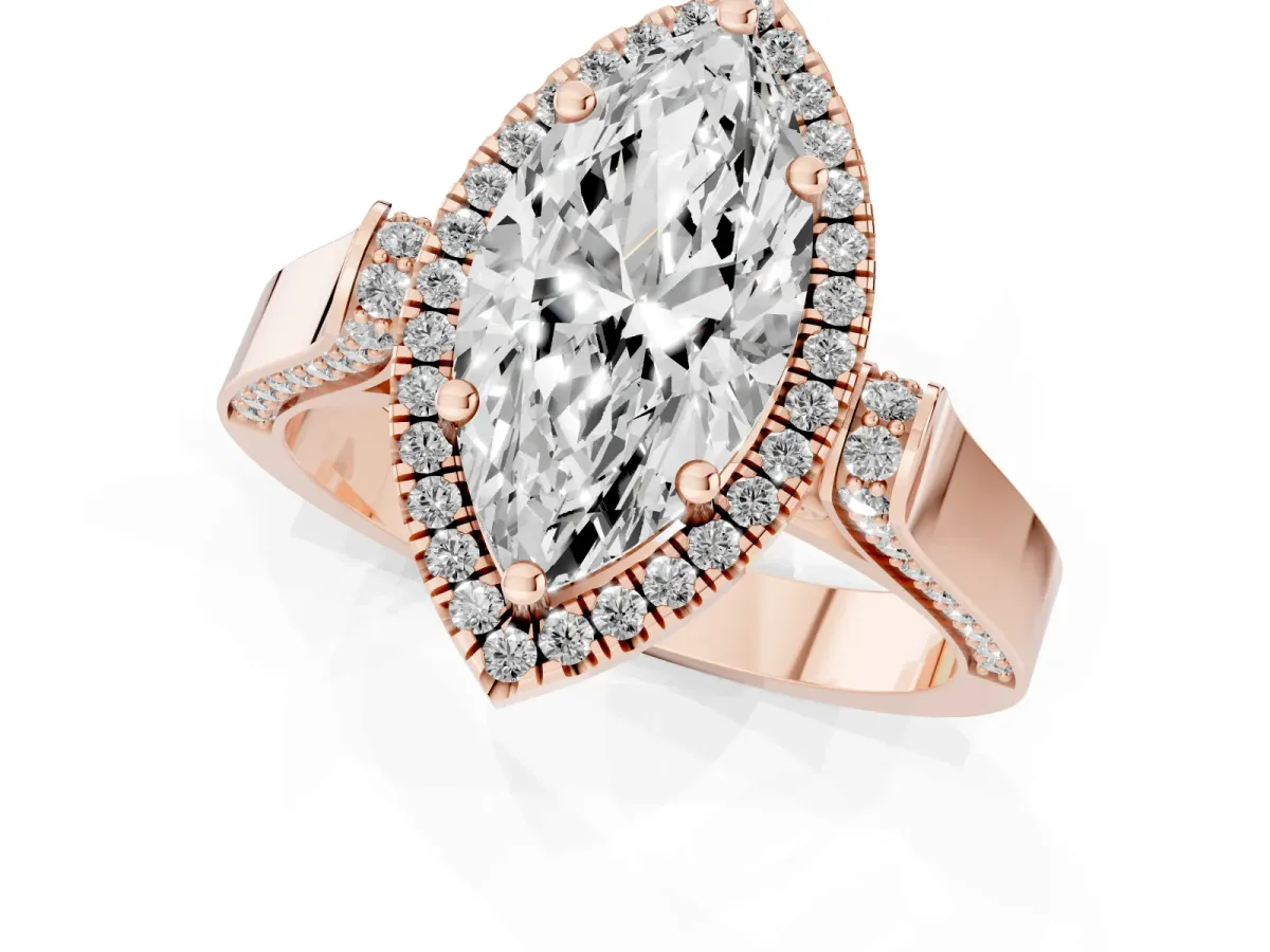 Marquise Cut Halo Round Diamond Twist Band with Four-Prong Setting Rose gold