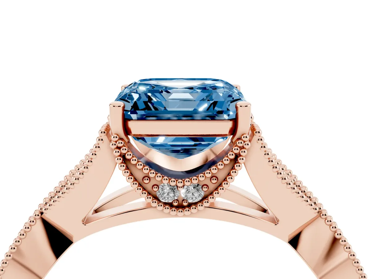 Fancy Blue Asscher Cut Cut Diamond Twisted Band with Milgrain Pave Setting and Four-Prong Setting Rose gold