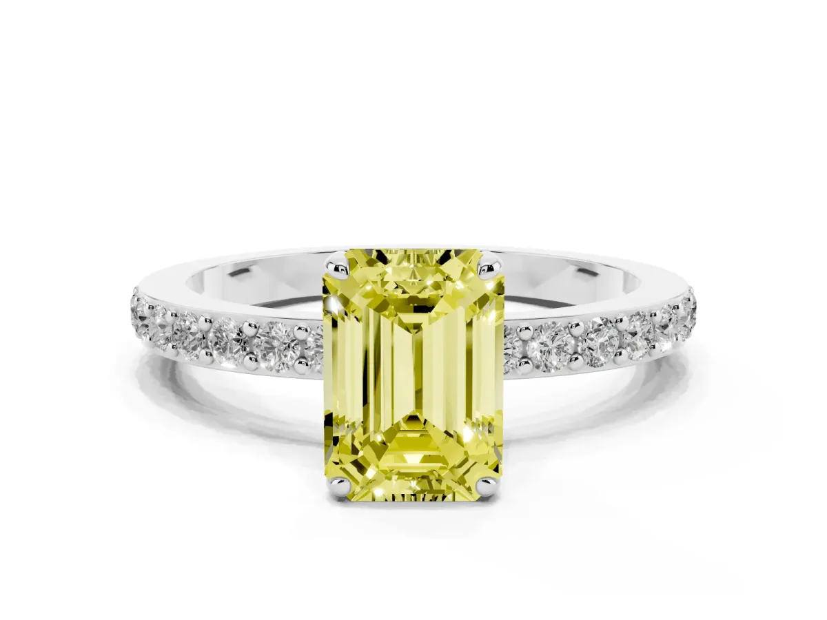 Fancy Yellow Emerald Cut Diamond Solitaire Engagement Ring with Pavé Band and Four-Prong Setting Silver