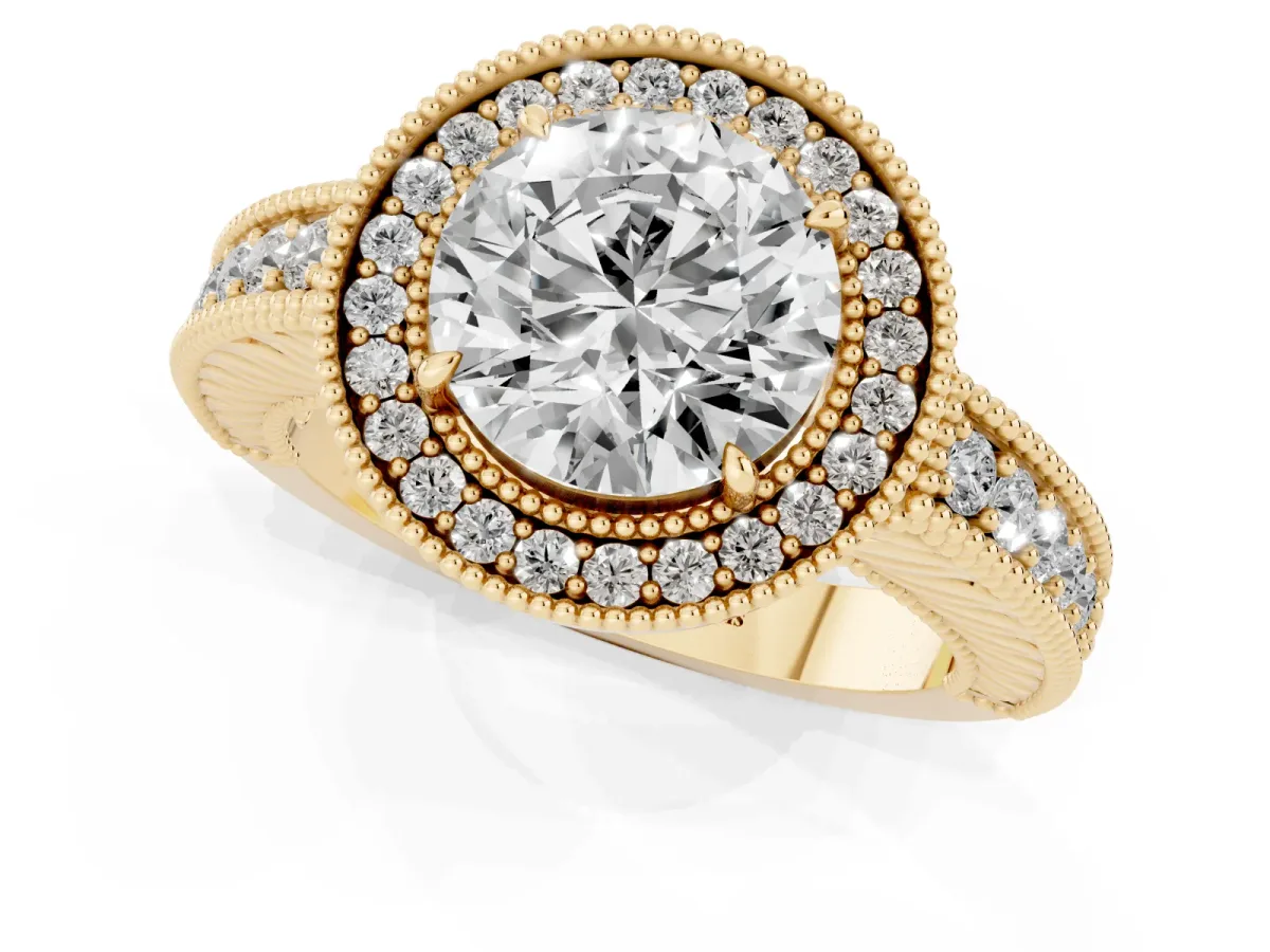 Round Cut Cut Halo Diamond Ring with Pavé Band and Four-Prong Setting Yellow gold