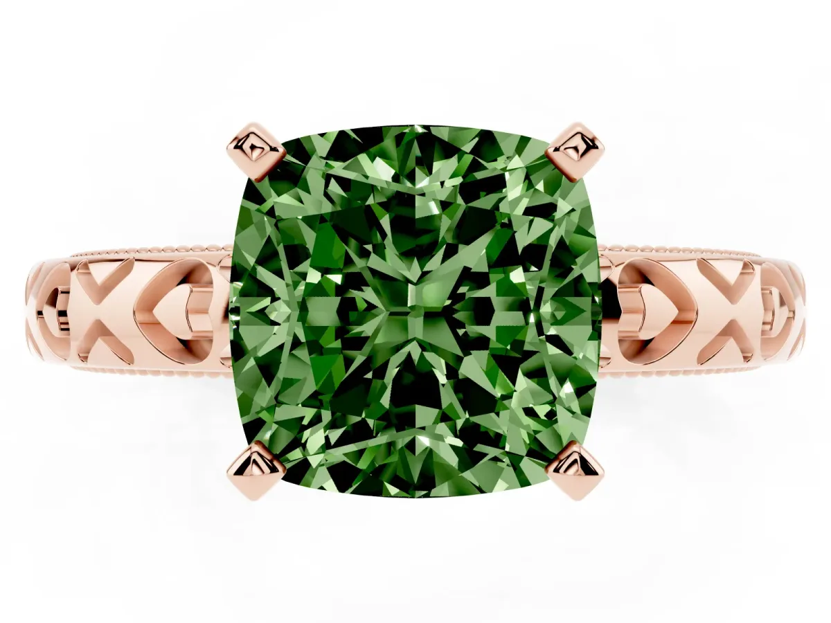 Fancy Green Cushion Cut Solitaire Diamond Engagement Ring with XO Engraved Band and Four-Prong Setting Rose gold