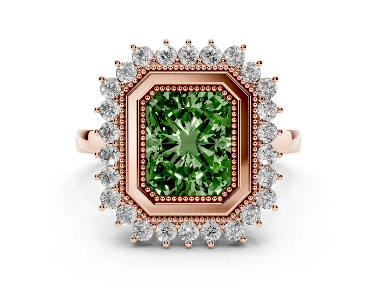Fancy Green Radiant Cut Halo Diamond Ring with Milgrain Edge and Round Prong Setting Rose gold