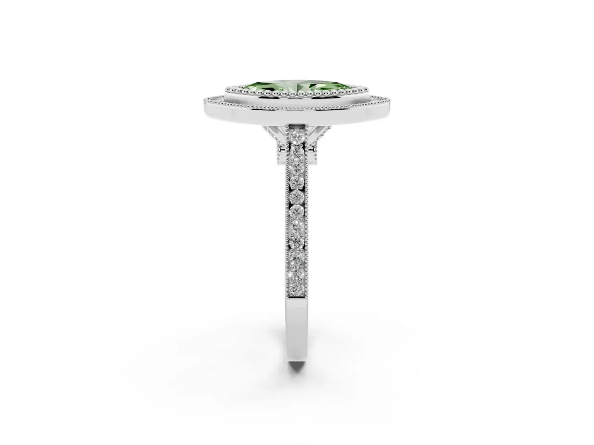 Fancy Green Marquise Cut Diamond Halo Ring with Milgrain Frame and Pavé Band Silver