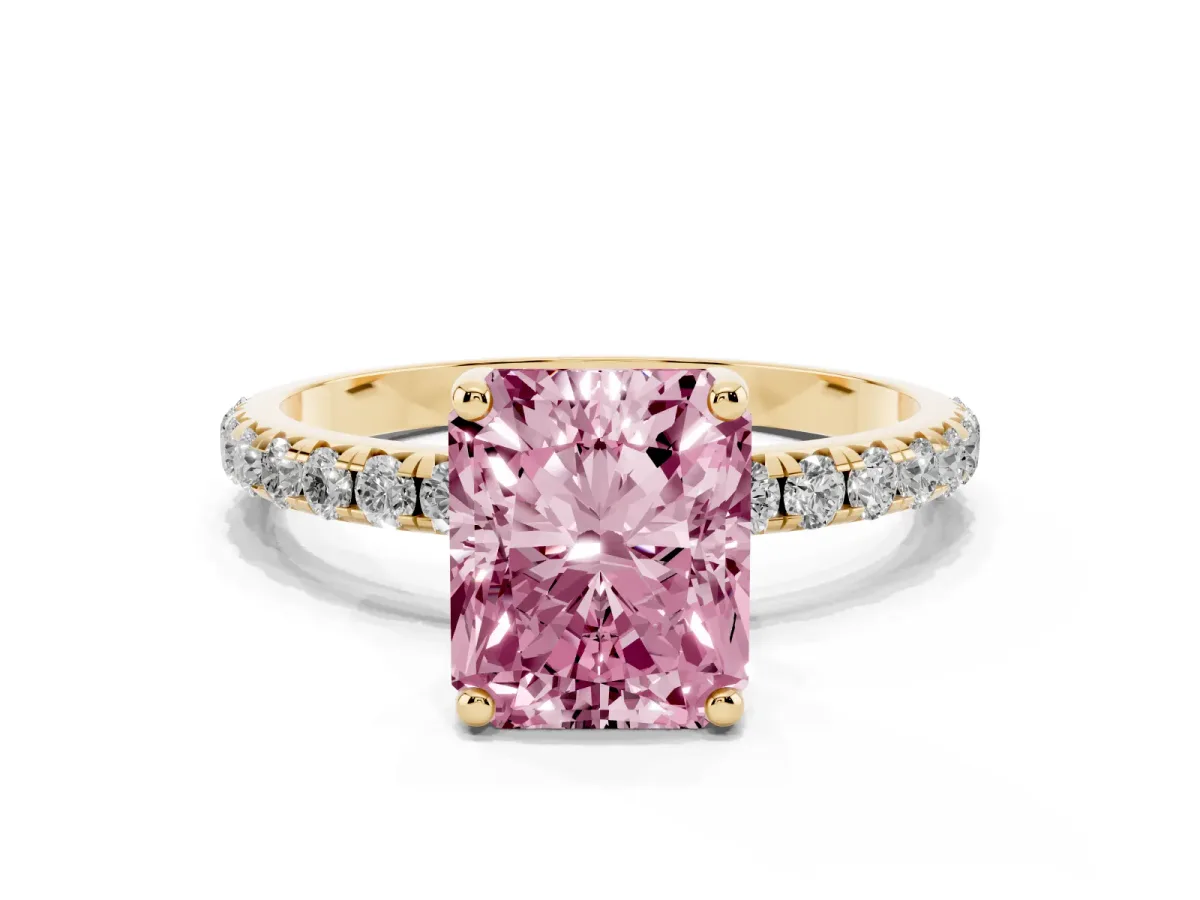 Fancy Pink Radiant Cut Cut Diamond Solitaire Ring with Micro Pave Band and Four Prong Setting Yellow gold