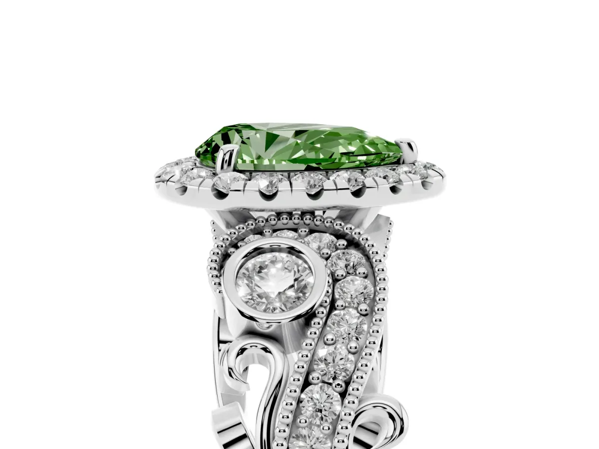 Fancy Green Pear Cut Diamond Halo Ring with Milgrain Pavé Band and Four-Prong Setting Platinum