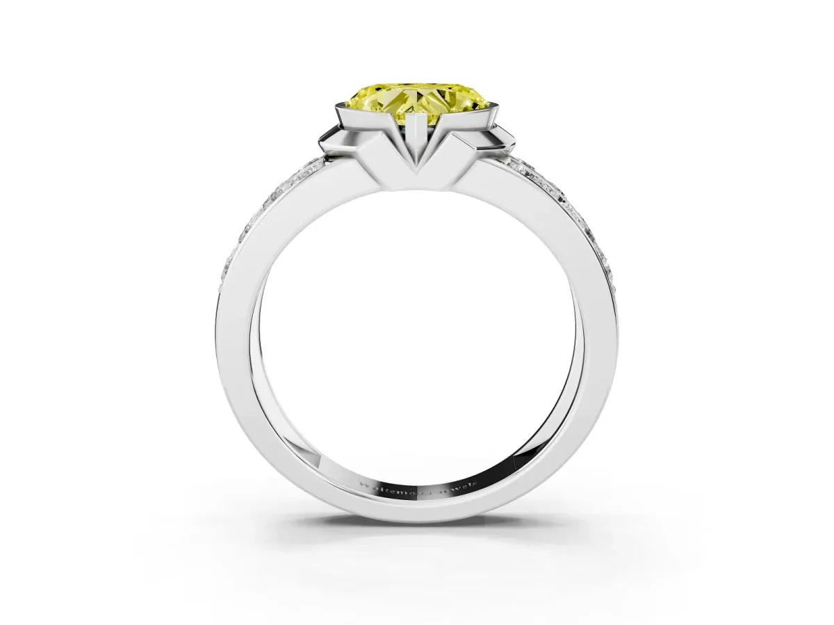 Fancy Yellow Heart Cut Brilliant Diamond Channel Set Wide Band Ring with Bezel Setting Platinum