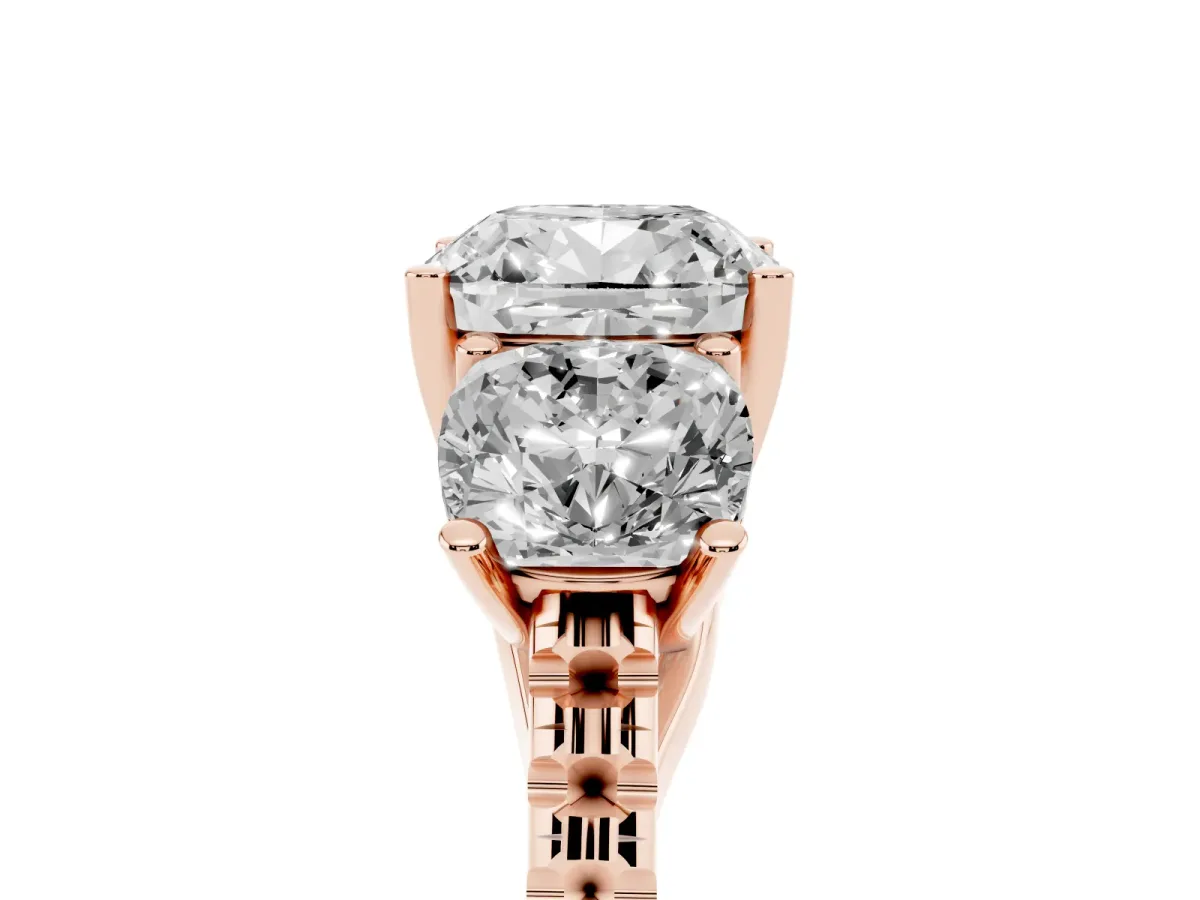 Three-Stone Cushion Cut Diamond Ring with Round Pavé Band and Prong Setting Rose gold