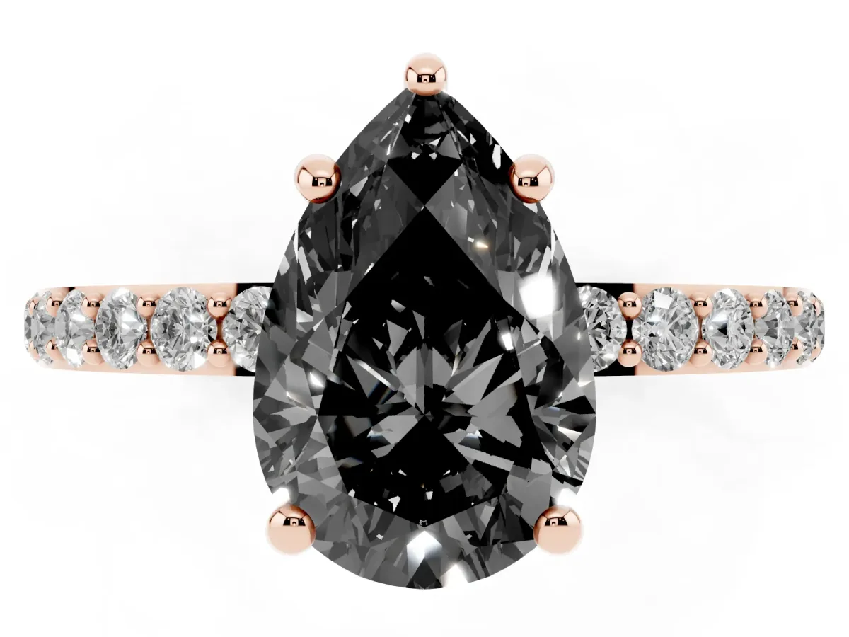 Fancy Black Pear Cut Diamond Solitaire Ring with Round Pavé Band and Prong Setting Rose gold