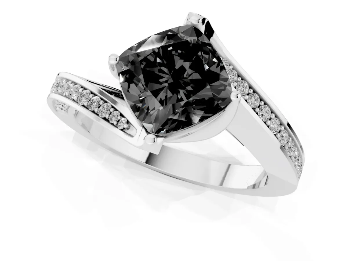 Fancy Black Cushion Cut Solitaire Diamond Twist Band with Pavé Setting and Four-Prong Setting Silver