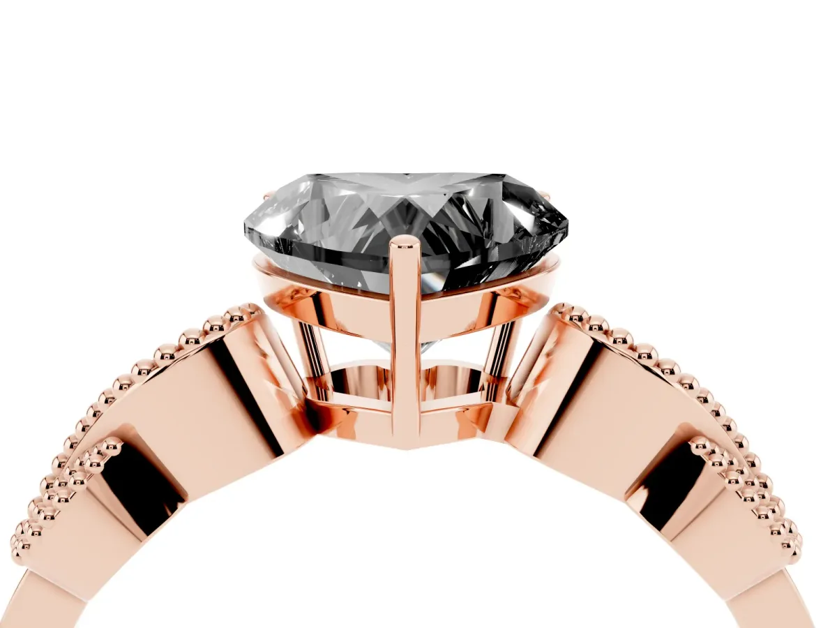 Fancy Black Heart Cut Solitaire Milgrain Leaf Band with Prong Setting Rose gold
