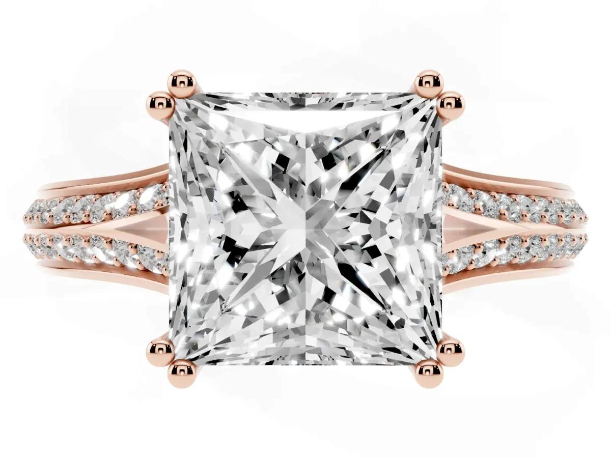 Princess Cut Diamond Split Shank Engagement Ring with Pavé Band Rose gold