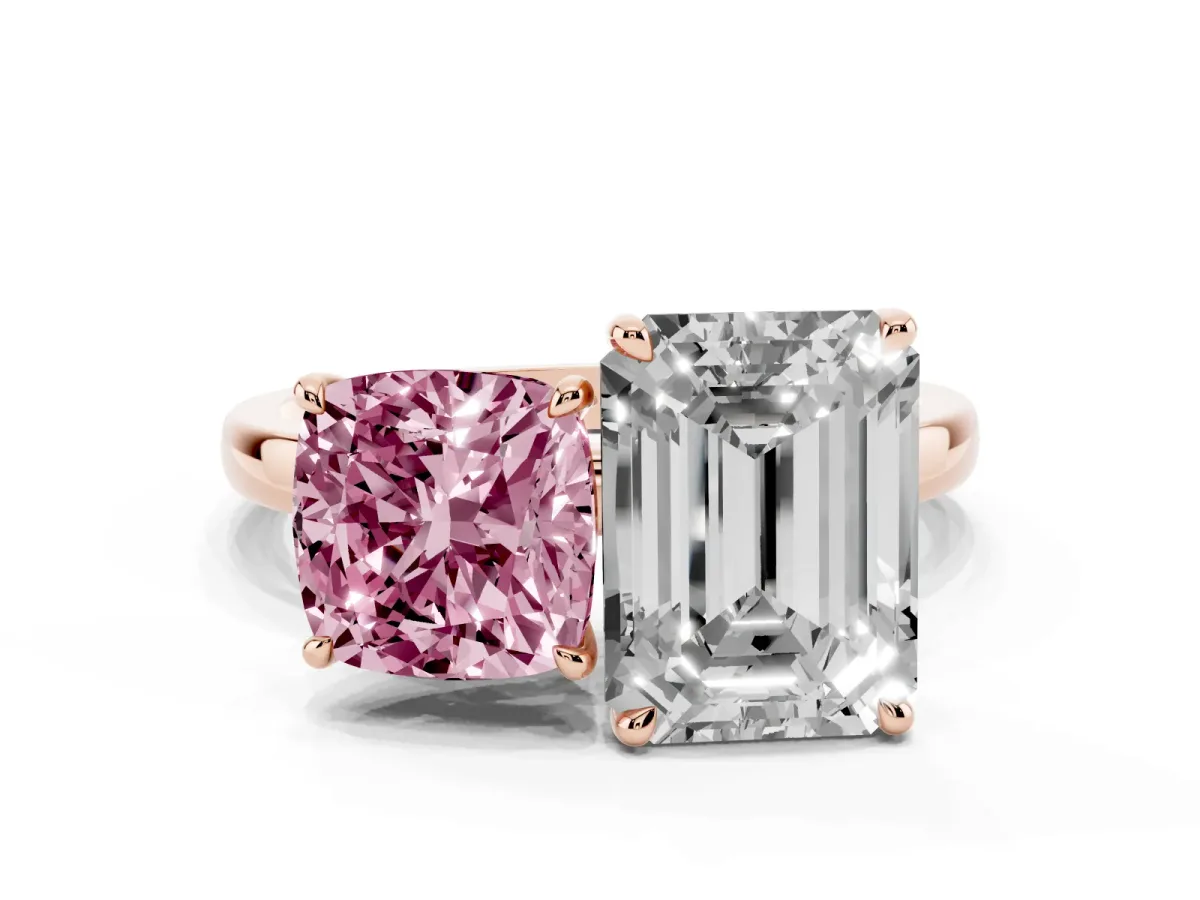 Fancy Pink Cushion Cut and Emerald Cut Toi Moi Ring with Prong Setting Rose gold