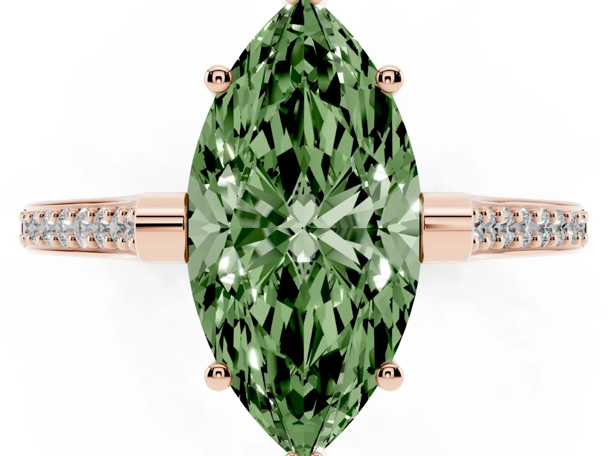 Fancy Green Marquise Cut Solitaire Diamond Ring with Channel Set Band and Bezel Prong Setting Rose gold