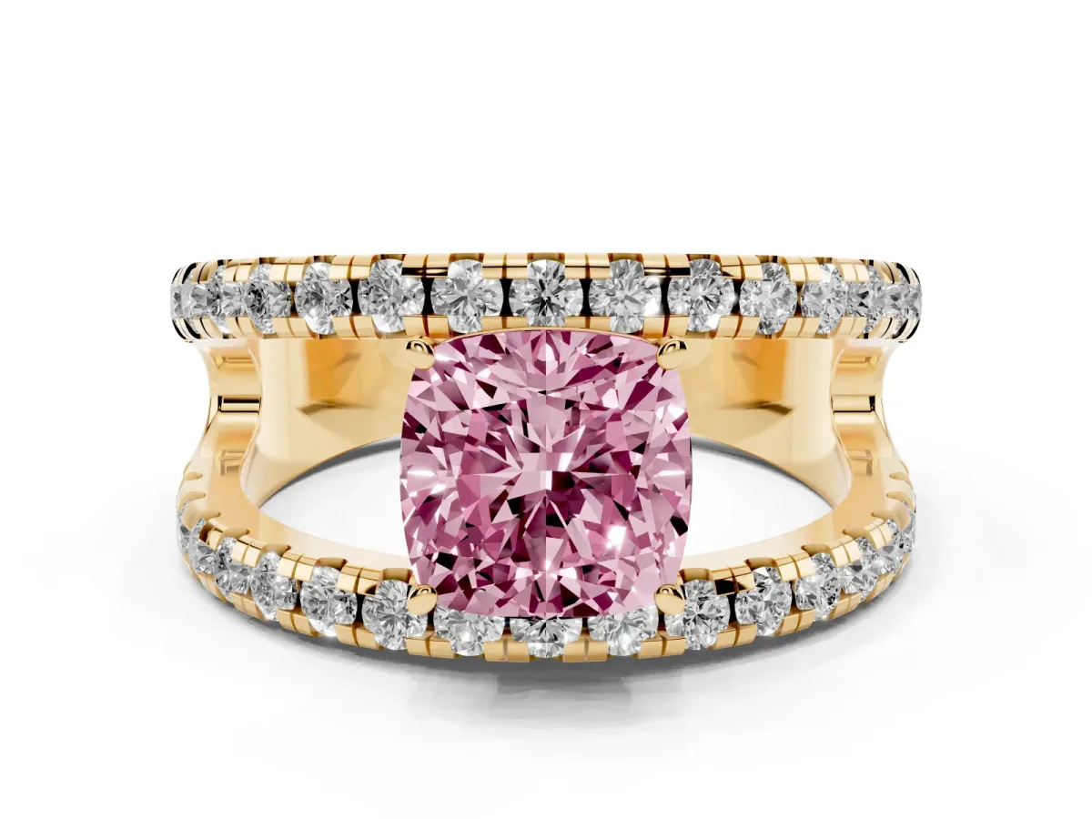 Fancy Pink Cushion Cut Solitaire Split Shank Pave Diamond Ring Yellow gold