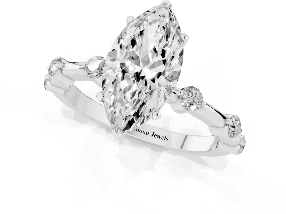 Marquise Cut Solitaire Diamond Ring with Bezel Set Side Stones and Prong Setting Silver