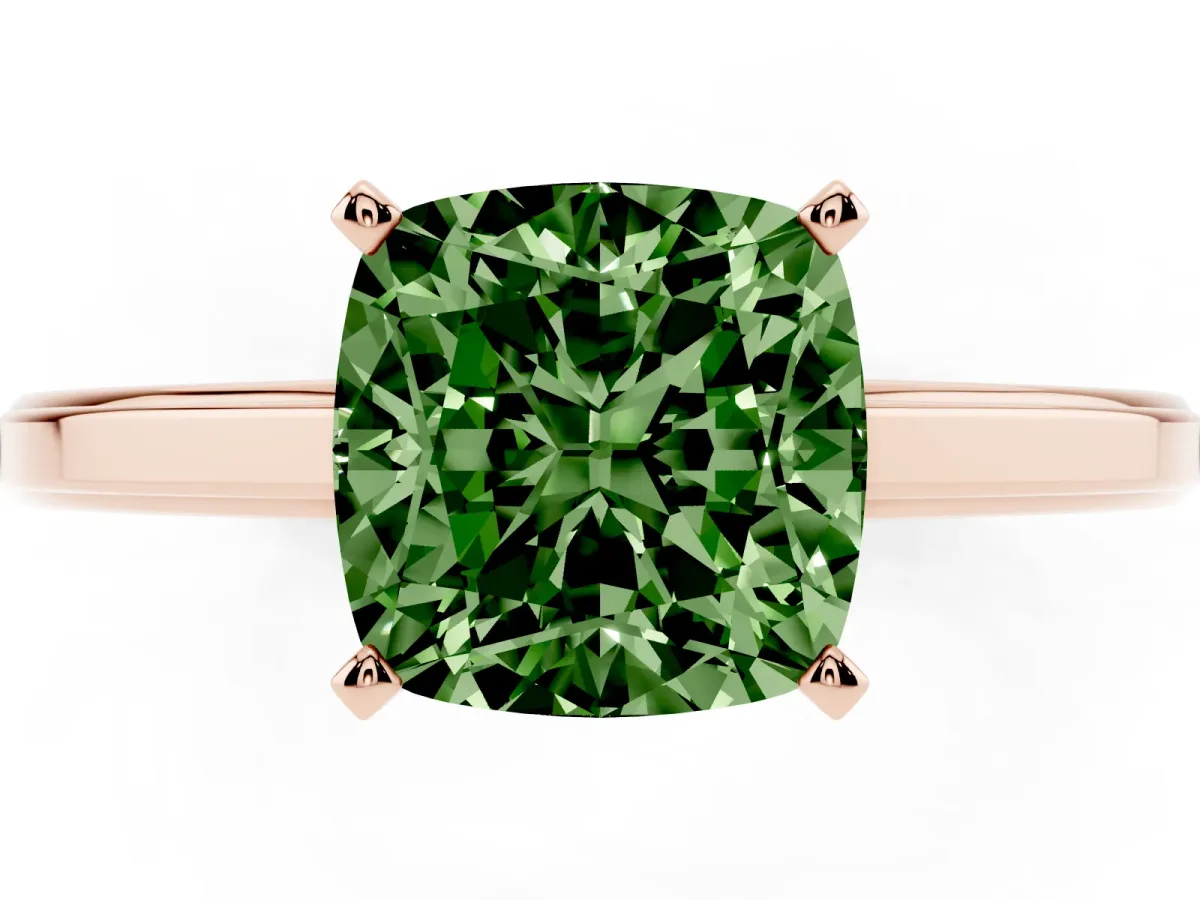 Fancy Green Cushion Cut Solitaire Diamond Ring with Four-Prong Setting and Classic Band Rose gold