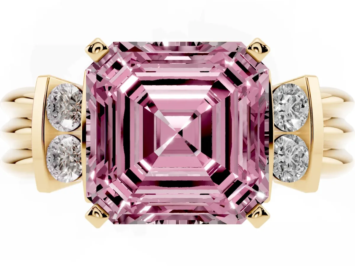 Fancy Pink Asscher Cut Cut Three-Stone Channel Set Ring with Bar Prongs Yellow gold
