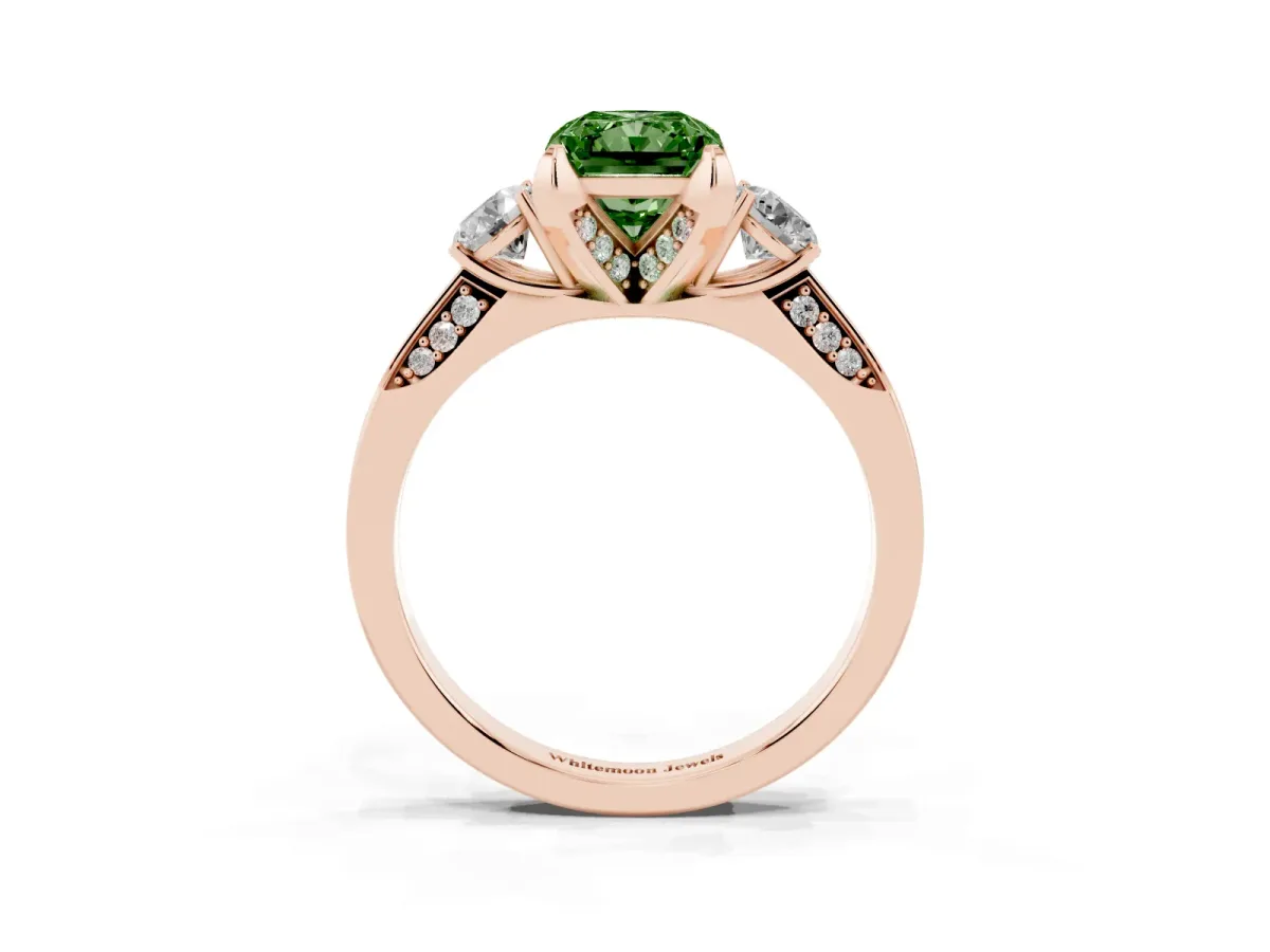 Fancy Green Radiant Cut Brilliant Three-Stone Diamond Ring with Pavé Band and Four-Prong Setting Rose gold