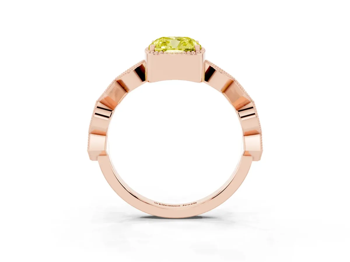 Fancy Yellow Cushion Cut Milgrain Marquise Diamond Twist Band Ring Rose gold