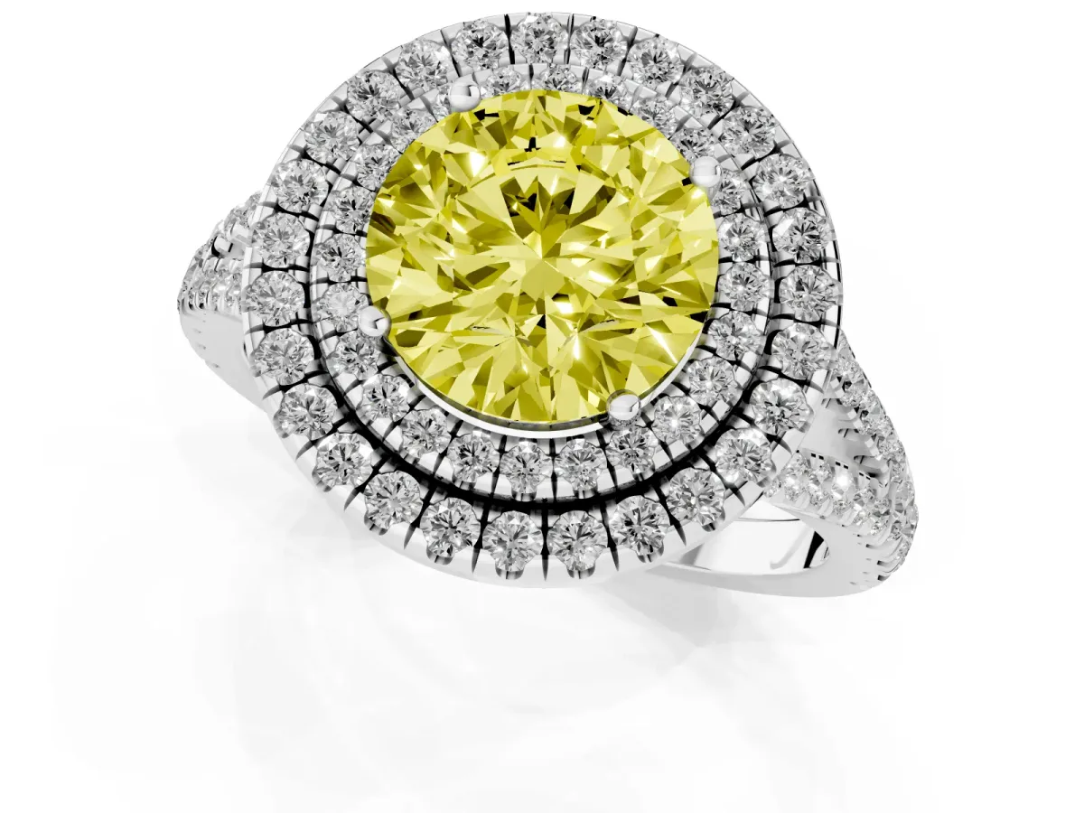 Fancy Yellow Round Cut Diamond Double Halo Ring with Pavé Band and Prong Setting Platinum