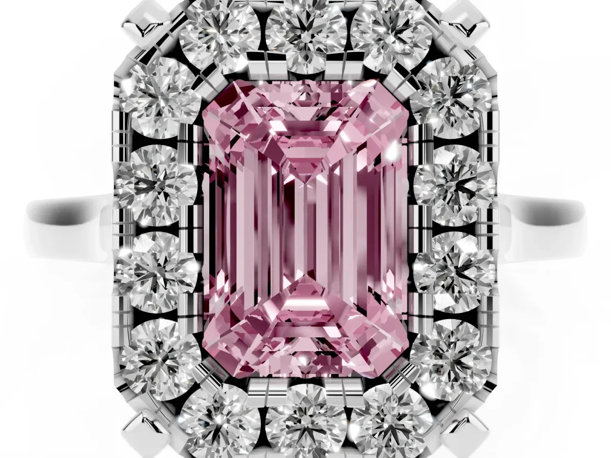 Fancy Pink Emerald Cut Diamond Cluster Halo Solitaire with Four-Prong Setting Silver