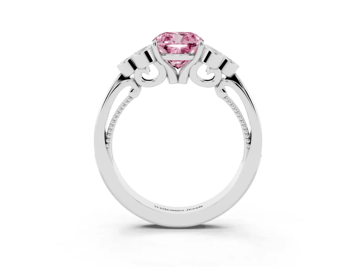 Fancy Pink Cushion Cut Cut Diamond Engagement Ring with Bezel Set Round Side Stones and Prong Setting Platinum