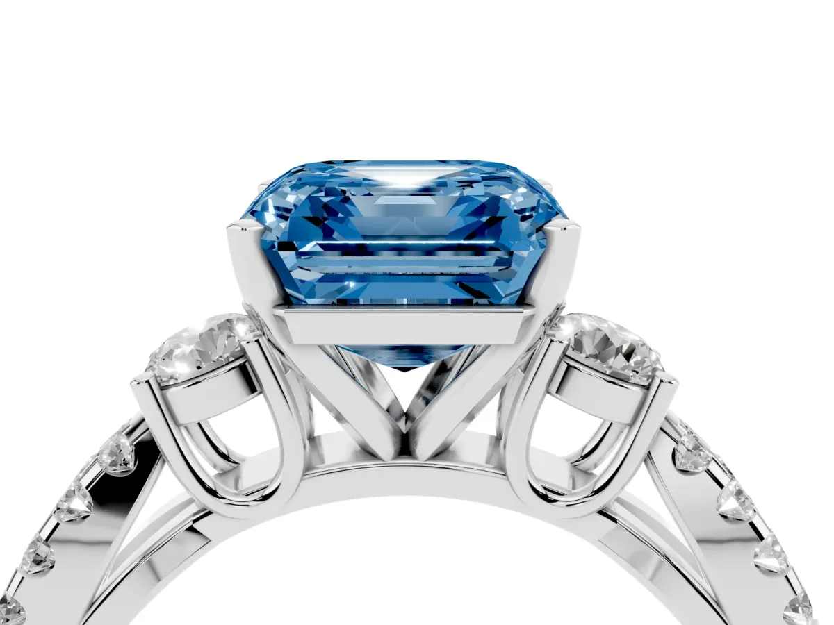 Fancy Blue Asscher Cut Diamond Three-Stone Ring with Pavé Split Shank and Four-Prong Setting Platinum