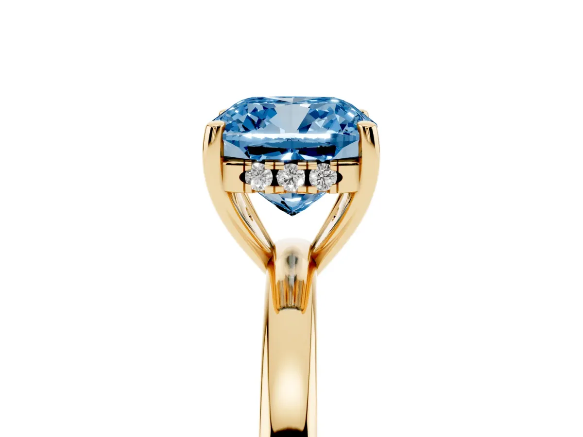Fancy Blue Cushion Cut Solitaire Diamond Ring with Prong Setting and Plain Band Yellow gold