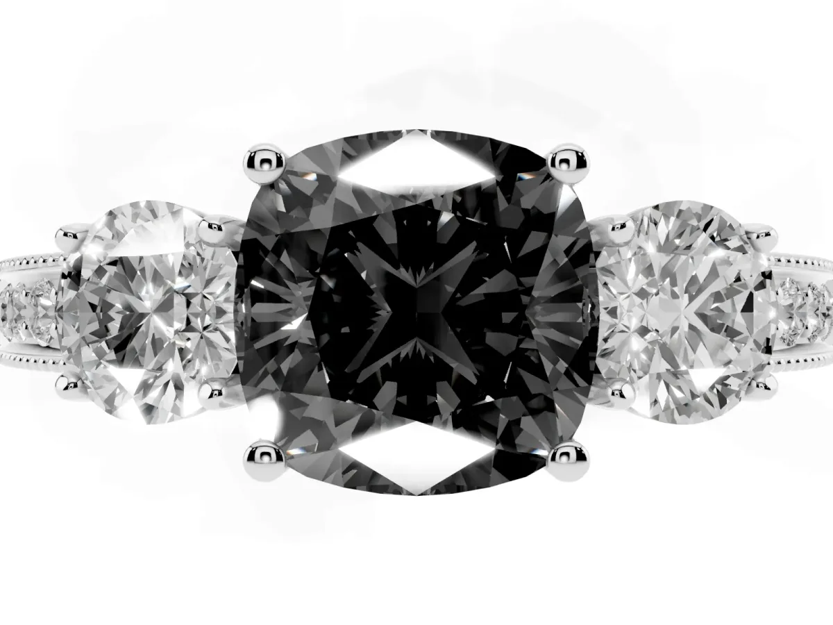 Fancy Black Cushion Cut Three-Stone Diamond Ring with Pavé Band and Four-Prong Setting Silver