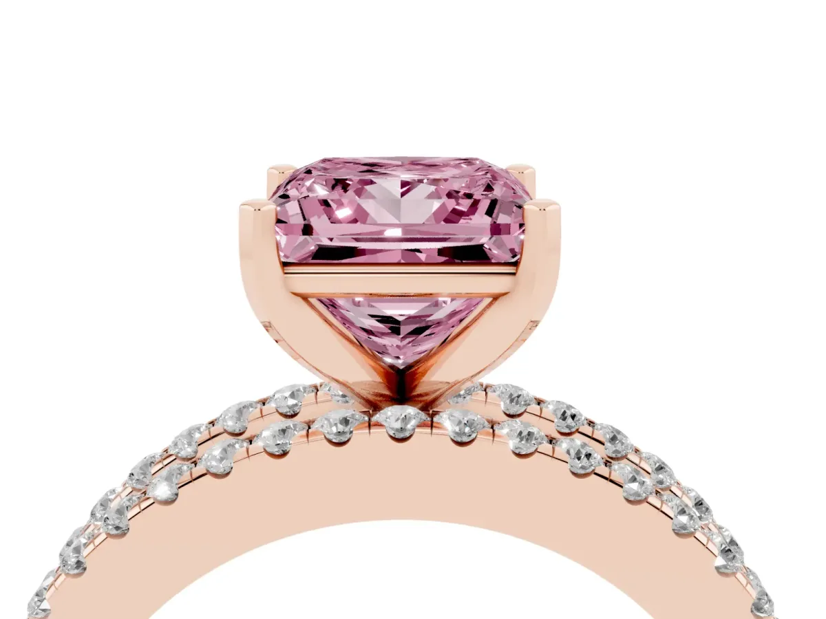 Fancy Pink Princess Cut Diamond Solitaire Ring with Pavé and Channel Set Band Rose gold