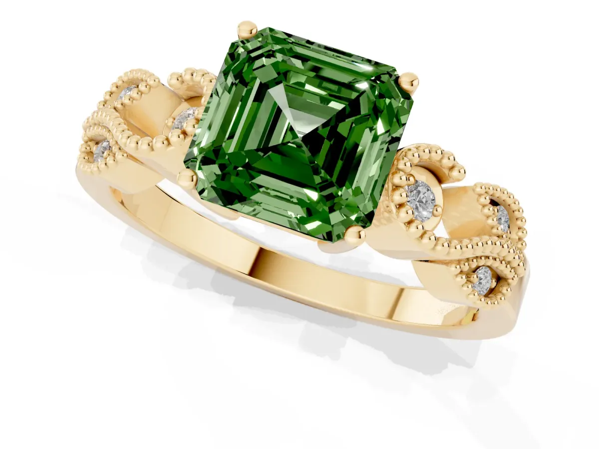 Fancy Green Asscher Cut Solitaire Milgrain Leaf Band with Prong Setting Yellow gold
