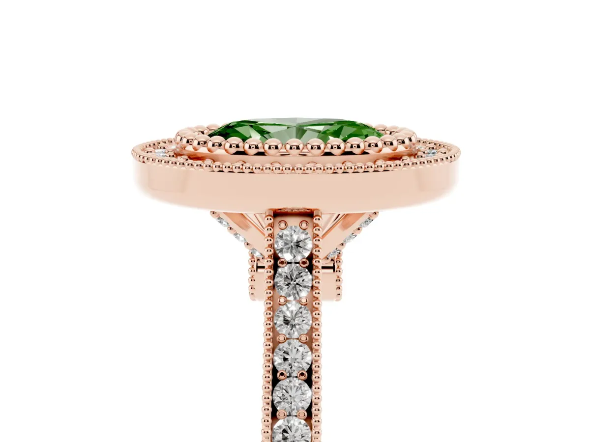 Fancy Green Oval Cut Diamond Halo Ring with Milgrain Frame and Pavé Band Rose gold