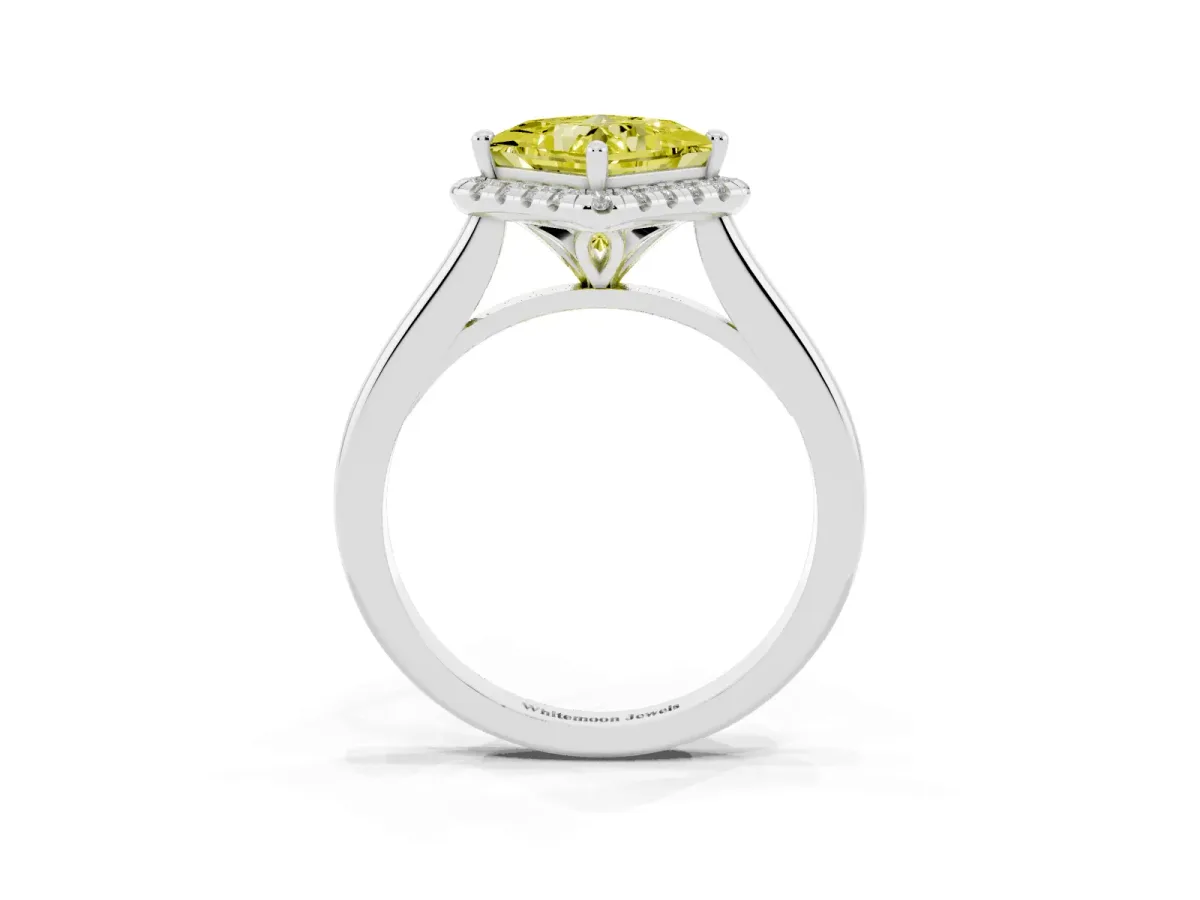 Fancy Yellow Princess Cut Halo Round Diamond Solitaire Engagement Ring with Pave Band and Four-Prong Setting Silver