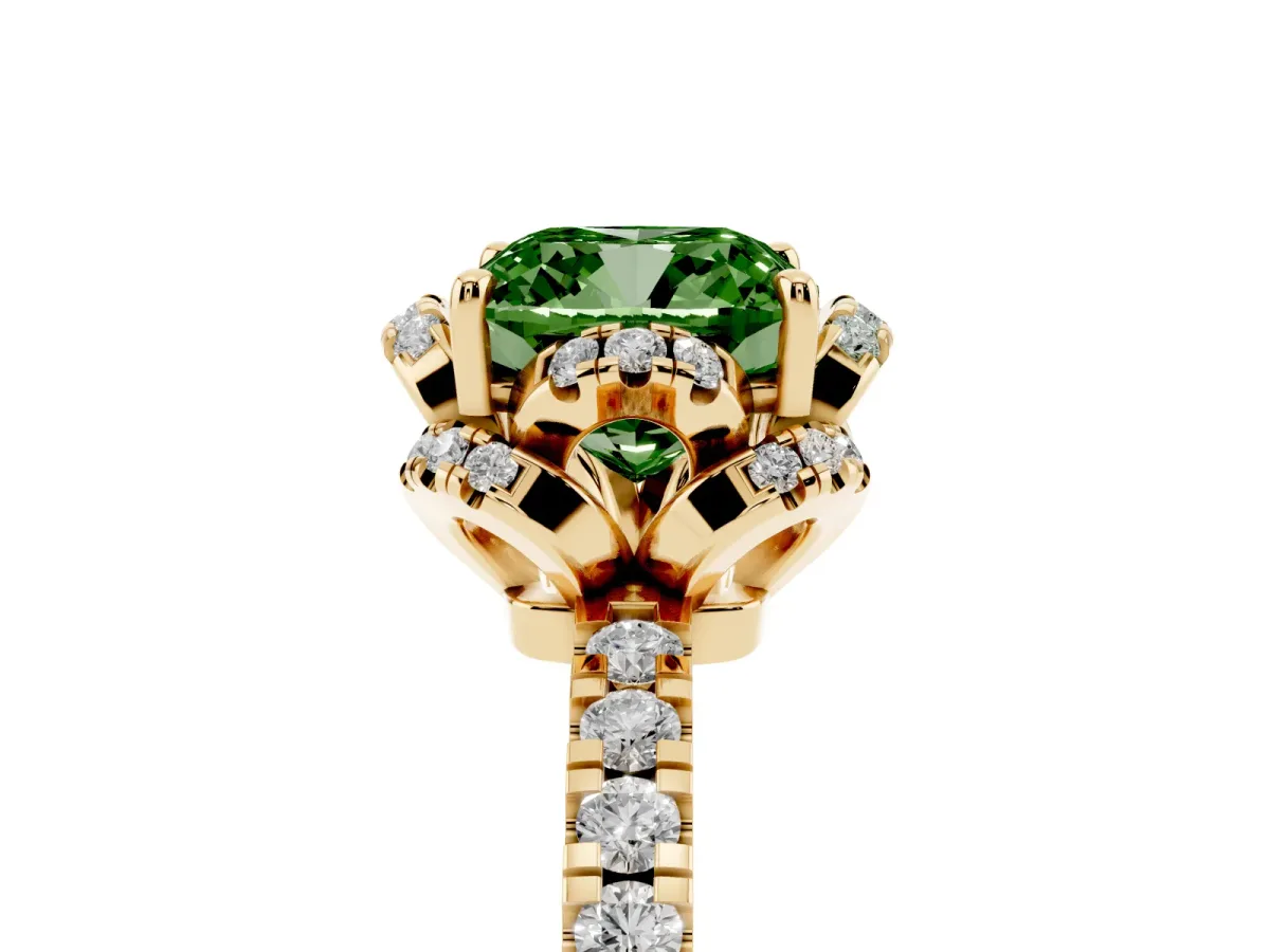 Fancy Green Cushion Cut Halo Diamond Pave Band Ring with Four-Prong Setting Yellow gold