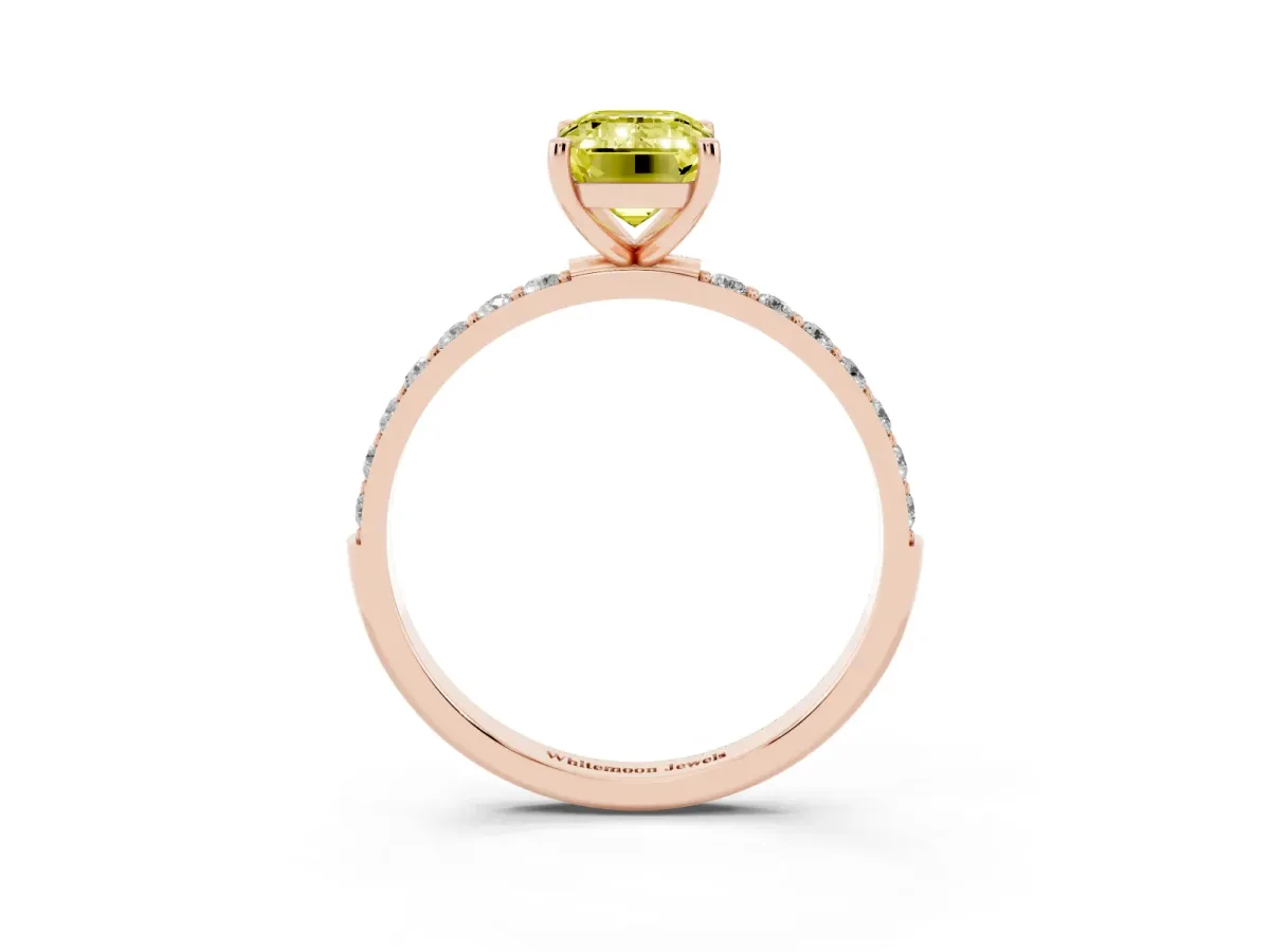 Fancy Yellow Emerald Cut Diamond Solitaire Ring with Round Pavé Shoulders and Prong Setting Rose gold