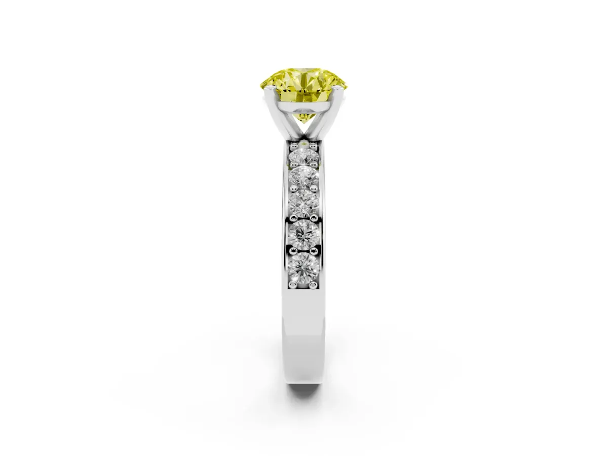 Fancy Yellow Round Cut Diamond Engagement Ring with Channel Set Round Band and Prong Setting Silver