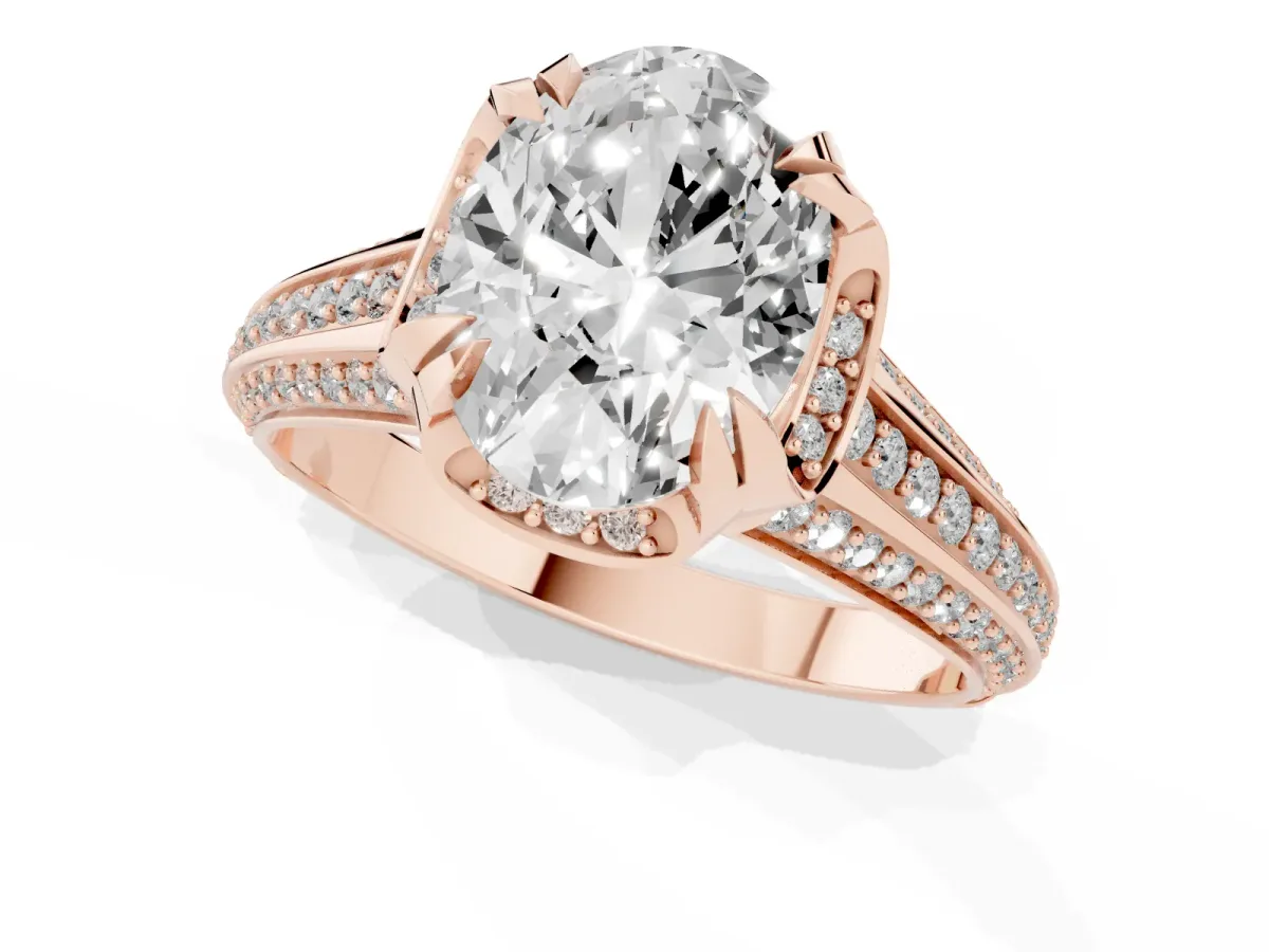 Oval Cut Solitaire Pave Split Shank Ring with Four-Prong Setting Rose gold