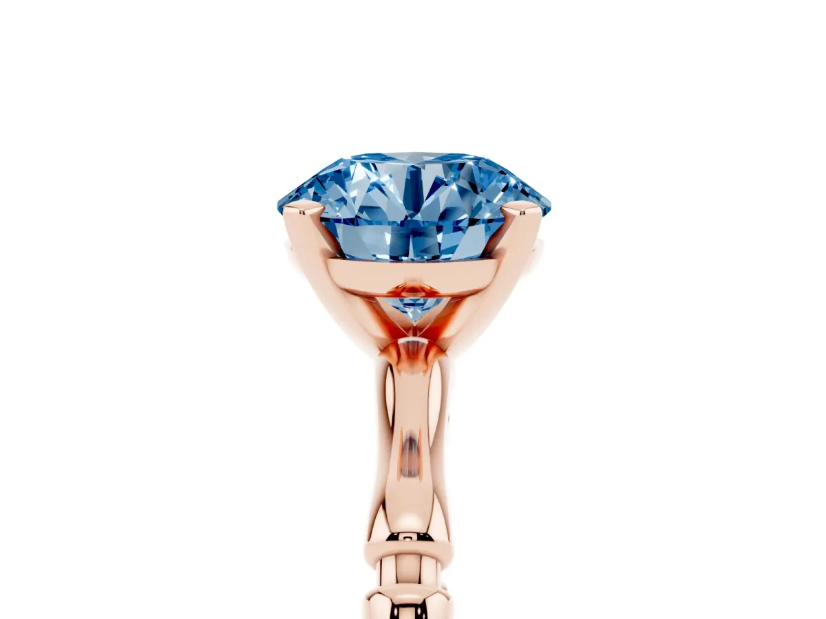 Fancy Blue Round Cut Solitaire Diamond Ring with Bamboo Band and Four-Prong Setting Rose gold